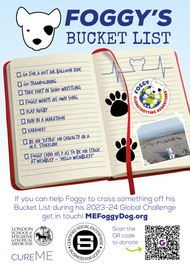 Foggy's Bucket List - Go for a Hot Air Balloon Ride; Go Trampolining; Take part in Sumo Wrestling; Foggy Wants his own song; Play Rugby; Pun in a Marathon; Sing some karaoke; Be an extra on Casualty in an M.E. storyline; to be on stage at Wembley!