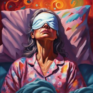 Sad and lonely haggard chronically sick middle aged woman in pyjamas wearing a sleep mask. She's asleep.