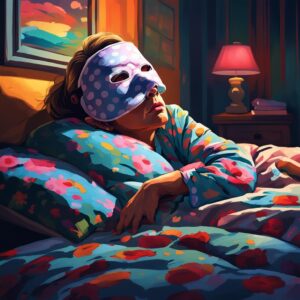 Sad and lonely chronically sick middle aged woman in pyjamas wearing an sleep mask. She is laid on her bed propped up on pillows