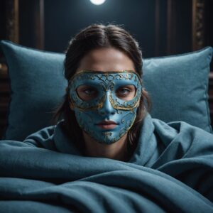 Basic light blue fabric sleep mask covers eyes in a darkened room