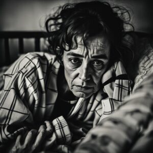 Sad and lonely chronically sick woman in pyjamas laid on their bed
