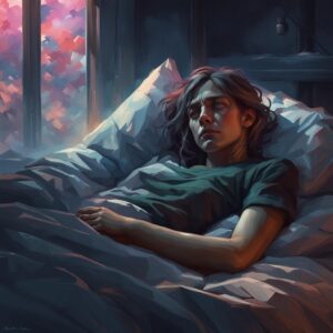 Sad, lonely, chronically sick person in bed in a dark room