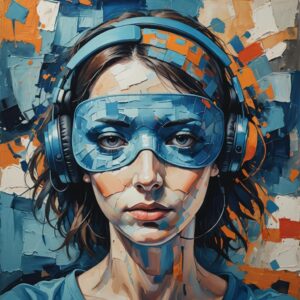 Close up on head, chronically sick woman head on pillow, they are wearing a blue sleep eyevmask and noise cancellation headphones
