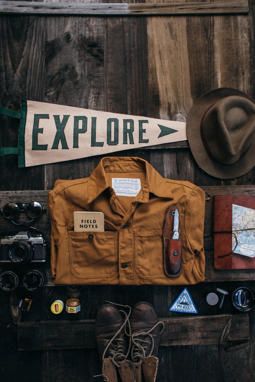 Flat lay of vintage travel items including a jacket, hat, camera, and 'Explore' banner